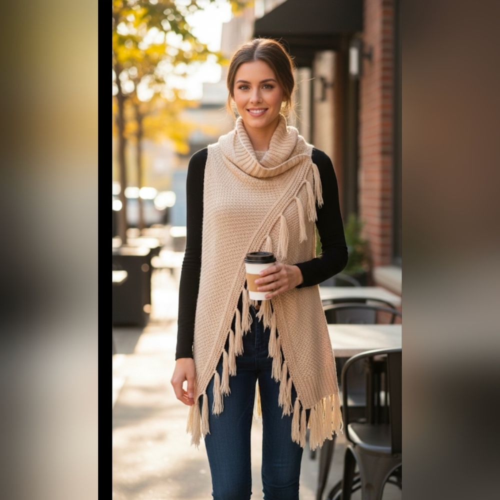 Italian Fringe Poncho O/S Fits all Cream color, never worn.